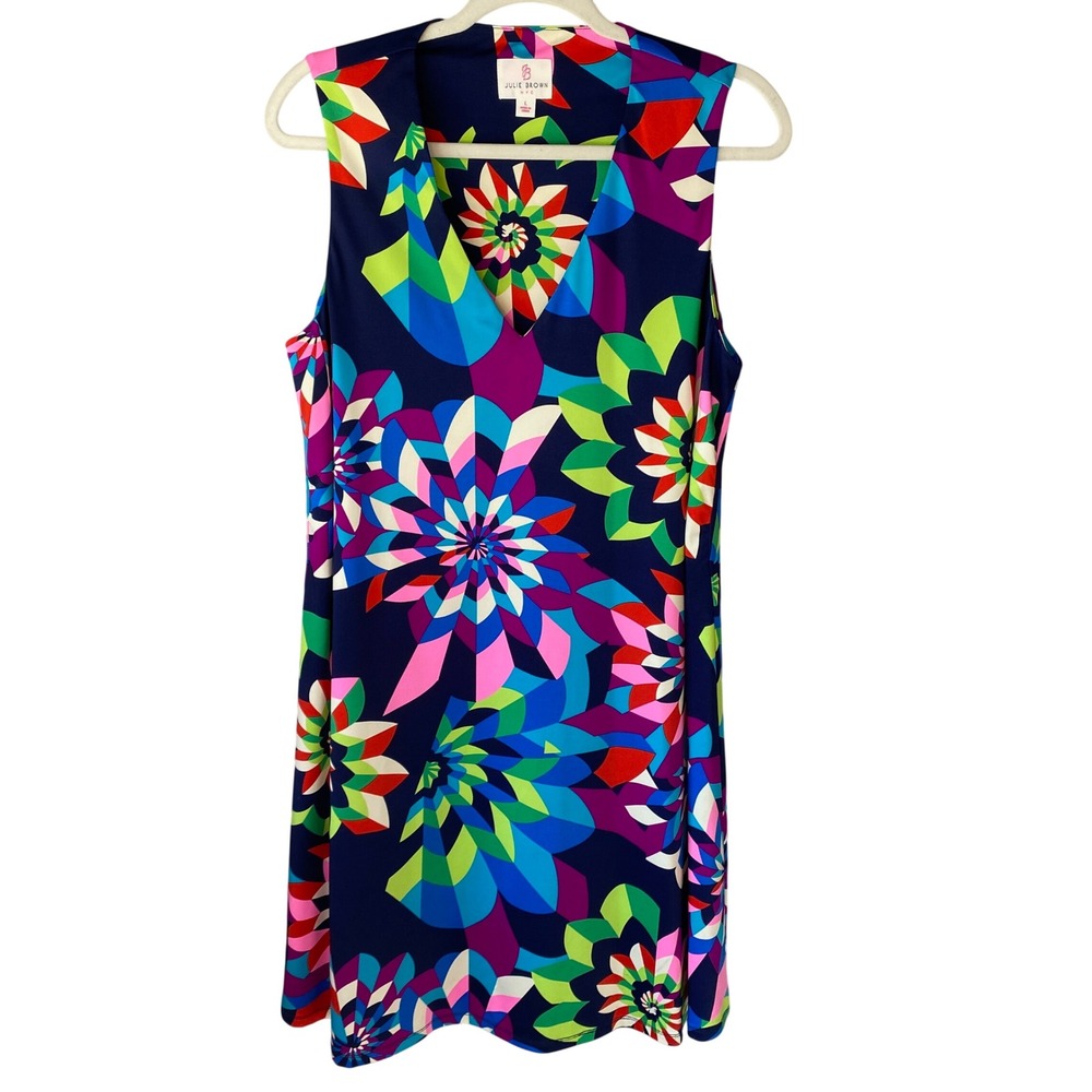 Julie Brown NYC Women Large Multicolor Geometric Floral V-Neck Shift Dress